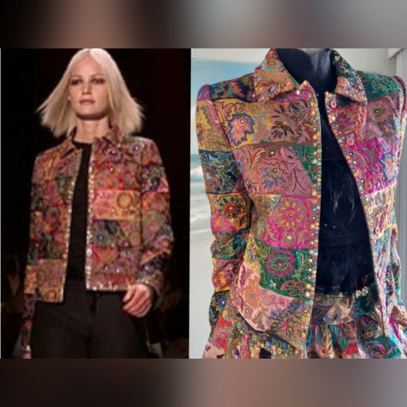 *$7,500 OSCAR DE LA RENTA EXQUIS GOLDEN PATCHWORK MULTI BEADED RUNWAY JACKET M - Picture 1 of 16
